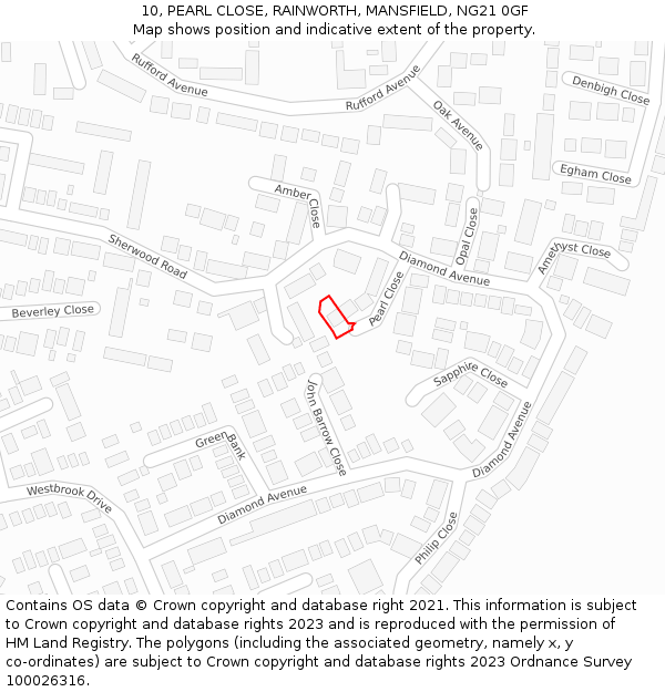 10, PEARL CLOSE, RAINWORTH, MANSFIELD, NG21 0GF: Location map and indicative extent of plot