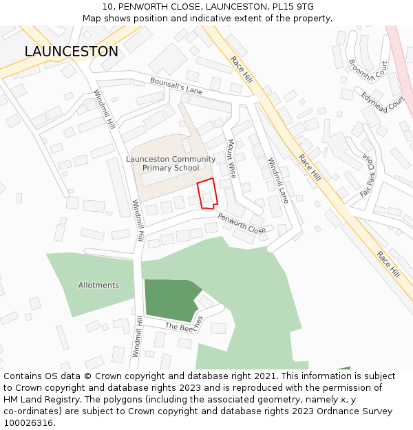 10, PENWORTH CLOSE, LAUNCESTON, PL15 9TG: Location map and indicative extent of plot