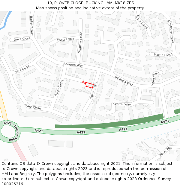 10, PLOVER CLOSE, BUCKINGHAM, MK18 7ES: Location map and indicative extent of plot