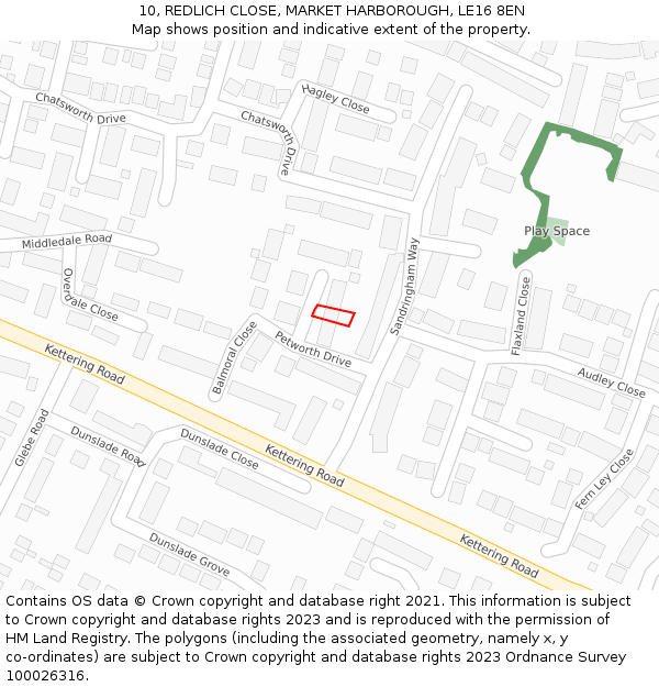 10, REDLICH CLOSE, MARKET HARBOROUGH, LE16 8EN: Location map and indicative extent of plot