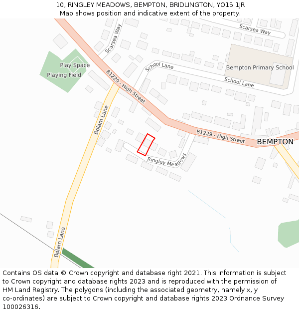 10, RINGLEY MEADOWS, BEMPTON, BRIDLINGTON, YO15 1JR: Location map and indicative extent of plot