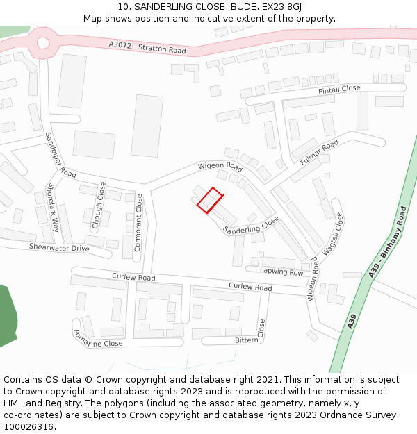 10, SANDERLING CLOSE, BUDE, EX23 8GJ: Location map and indicative extent of plot