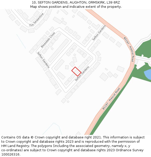 10, SEFTON GARDENS, AUGHTON, ORMSKIRK, L39 6RZ: Location map and indicative extent of plot