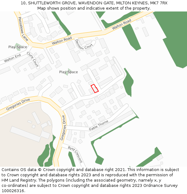 10, SHUTTLEWORTH GROVE, WAVENDON GATE, MILTON KEYNES, MK7 7RX: Location map and indicative extent of plot