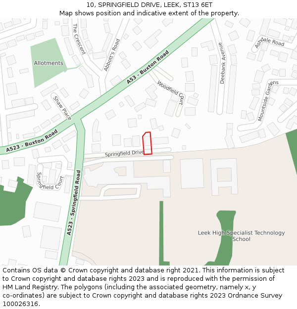 10, SPRINGFIELD DRIVE, LEEK, ST13 6ET: Location map and indicative extent of plot