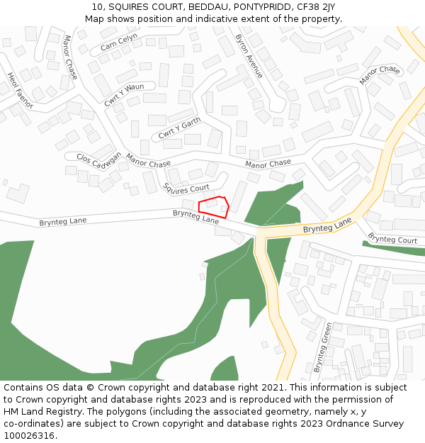 10, SQUIRES COURT, BEDDAU, PONTYPRIDD, CF38 2JY: Location map and indicative extent of plot