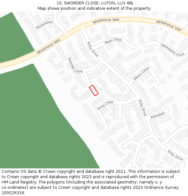 10, SWORDER CLOSE, LUTON, LU3 4BJ: Location map and indicative extent of plot