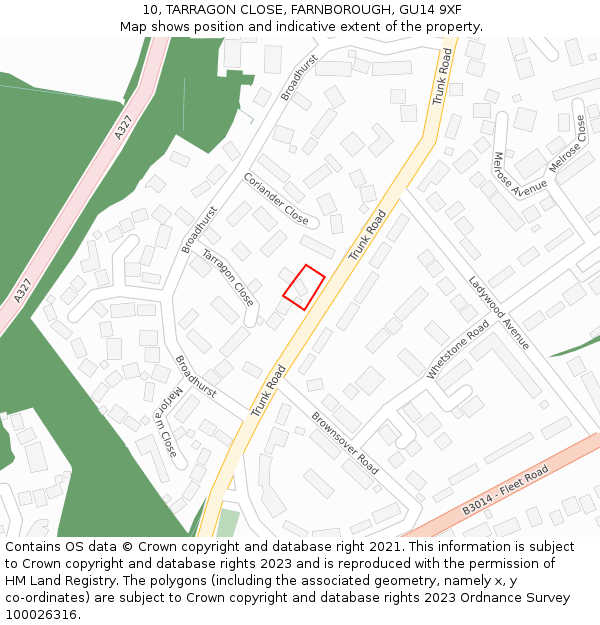 10, TARRAGON CLOSE, FARNBOROUGH, GU14 9XF: Location map and indicative extent of plot