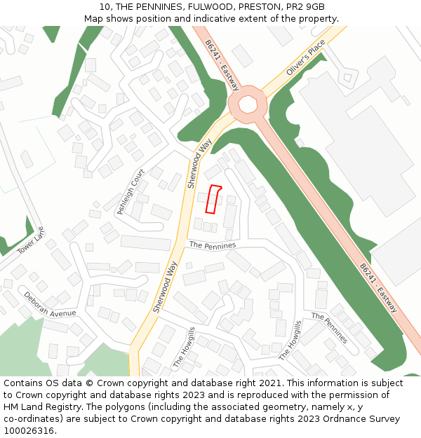 10, THE PENNINES, FULWOOD, PRESTON, PR2 9GB: Location map and indicative extent of plot