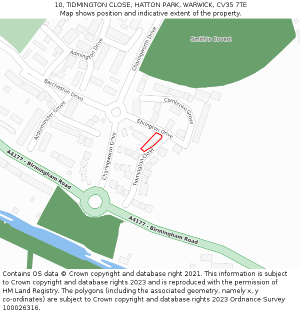 10, TIDMINGTON CLOSE, HATTON PARK, WARWICK, CV35 7TE: Location map and indicative extent of plot