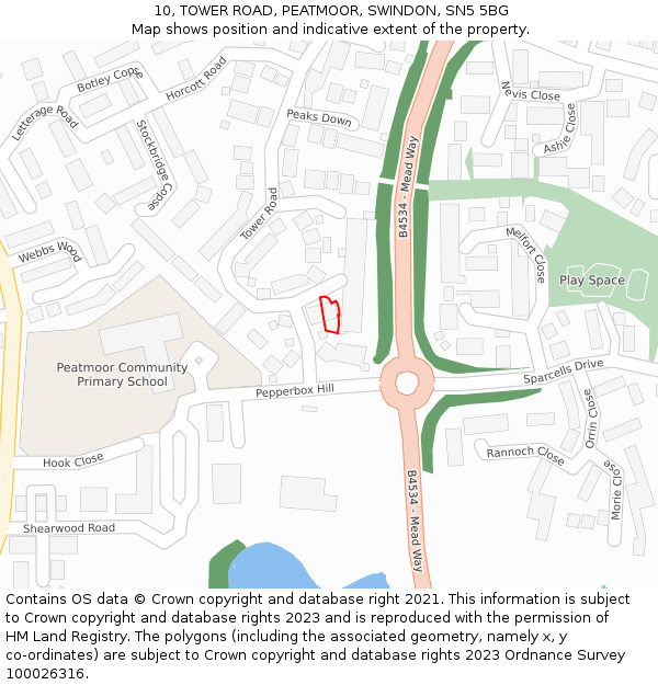 10, TOWER ROAD, PEATMOOR, SWINDON, SN5 5BG: Location map and indicative extent of plot