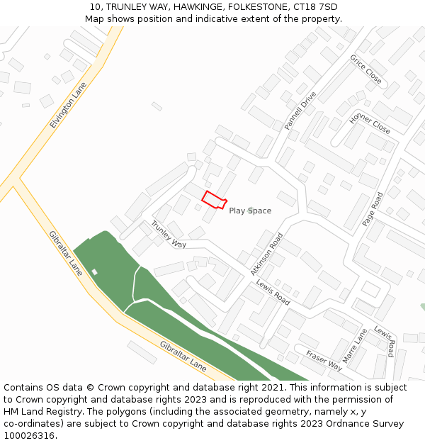 10, TRUNLEY WAY, HAWKINGE, FOLKESTONE, CT18 7SD: Location map and indicative extent of plot