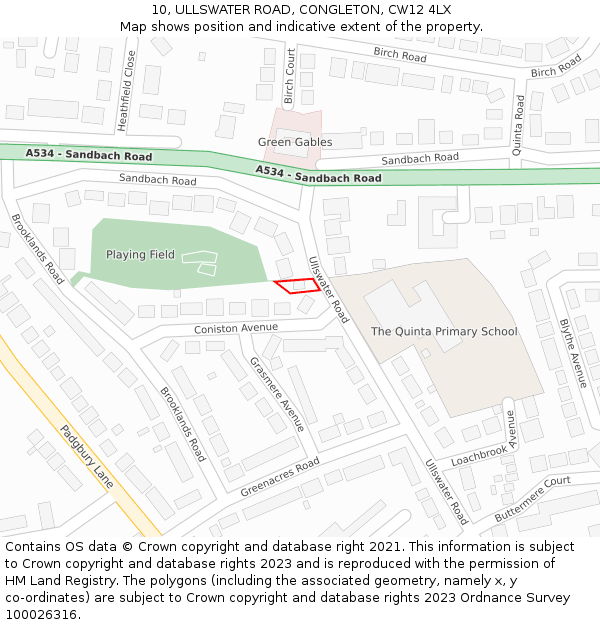 10, ULLSWATER ROAD, CONGLETON, CW12 4LX: Location map and indicative extent of plot