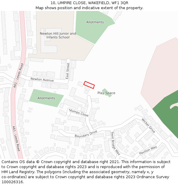 10, UMPIRE CLOSE, WAKEFIELD, WF1 3QR: Location map and indicative extent of plot