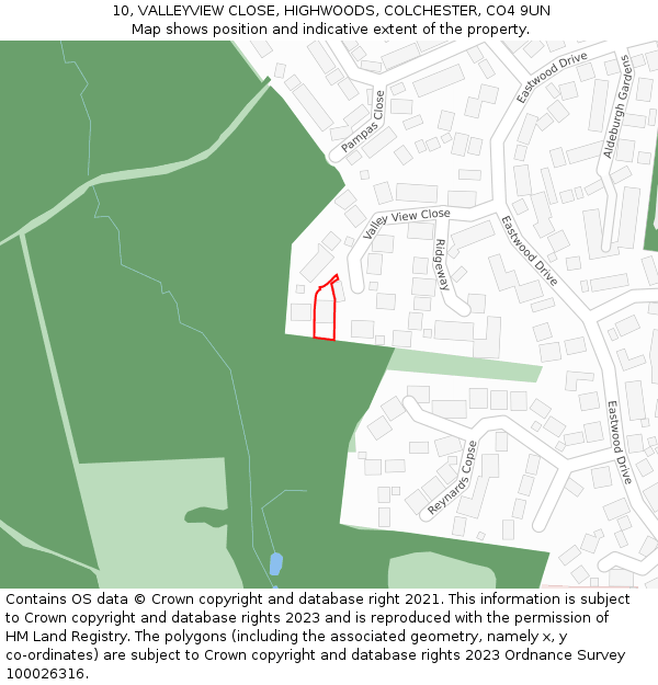 10, VALLEYVIEW CLOSE, HIGHWOODS, COLCHESTER, CO4 9UN: Location map and indicative extent of plot
