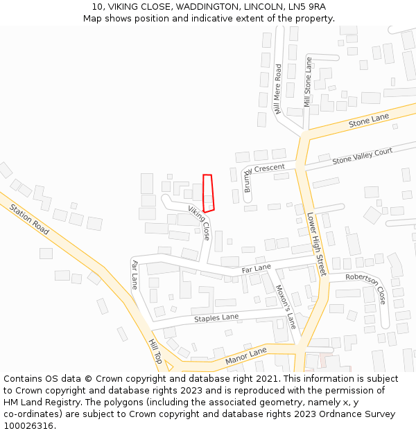 10, VIKING CLOSE, WADDINGTON, LINCOLN, LN5 9RA: Location map and indicative extent of plot