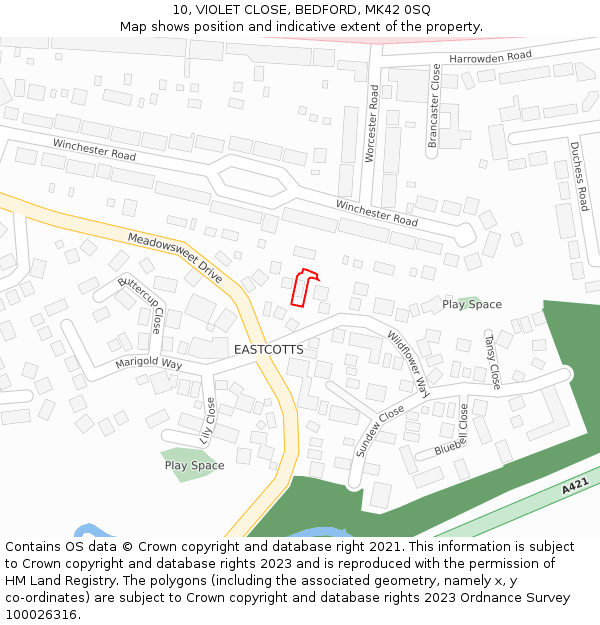 10, VIOLET CLOSE, BEDFORD, MK42 0SQ: Location map and indicative extent of plot