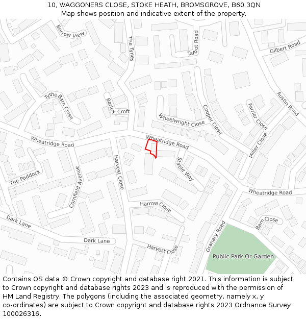 10, WAGGONERS CLOSE, STOKE HEATH, BROMSGROVE, B60 3QN: Location map and indicative extent of plot