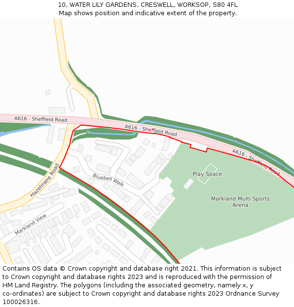 10, WATER LILY GARDENS, CRESWELL, WORKSOP, S80 4FL: Location map and indicative extent of plot