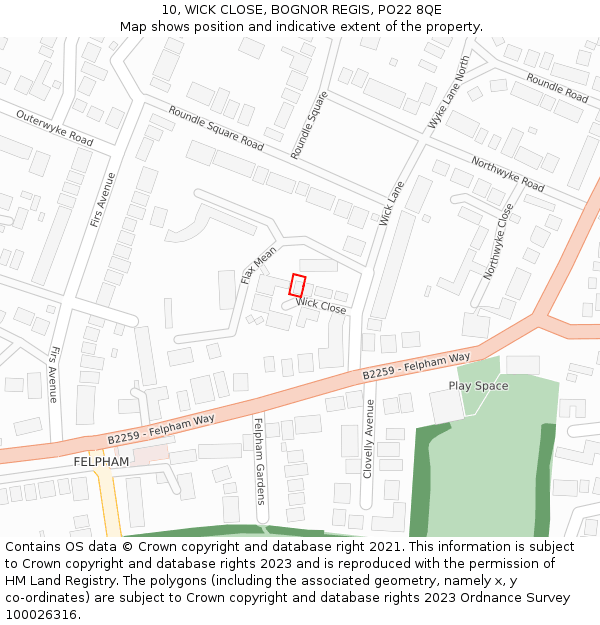 10, WICK CLOSE, BOGNOR REGIS, PO22 8QE: Location map and indicative extent of plot