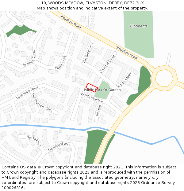 10, WOODS MEADOW, ELVASTON, DERBY, DE72 3UX: Location map and indicative extent of plot