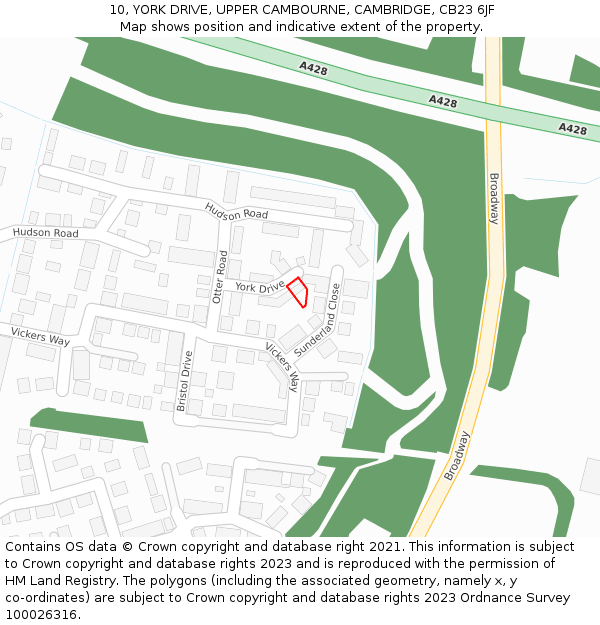 10, YORK DRIVE, UPPER CAMBOURNE, CAMBRIDGE, CB23 6JF: Location map and indicative extent of plot