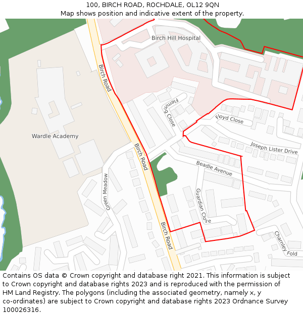 100, BIRCH ROAD, ROCHDALE, OL12 9QN: Location map and indicative extent of plot