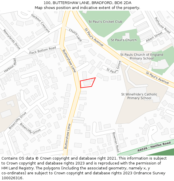 100, BUTTERSHAW LANE, BRADFORD, BD6 2DA: Location map and indicative extent of plot