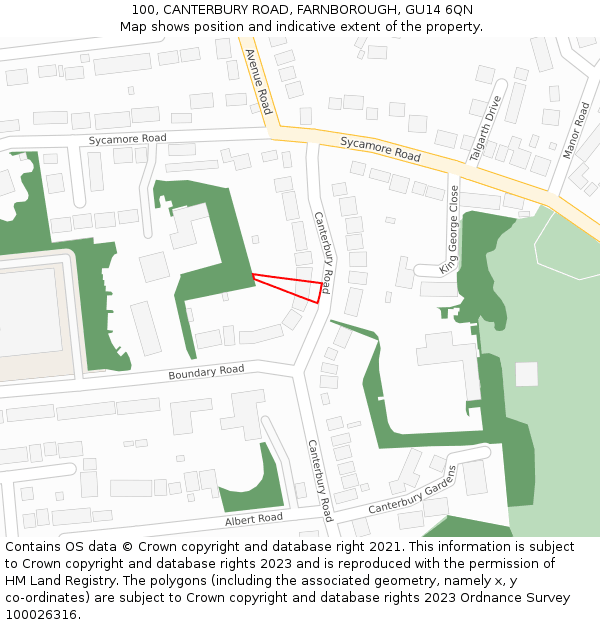 100, CANTERBURY ROAD, FARNBOROUGH, GU14 6QN: Location map and indicative extent of plot