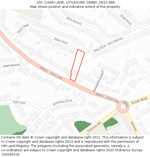 100, CHAIN LANE, LITTLEOVER, DERBY, DE23 4EB: Location map and indicative extent of plot