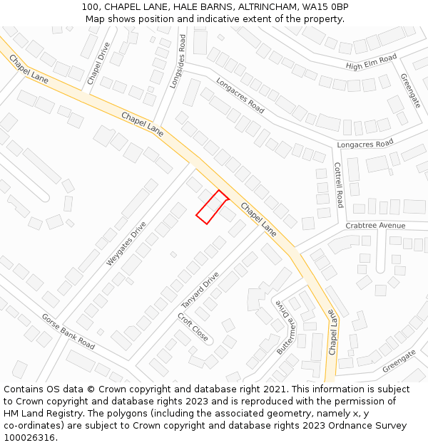 100, CHAPEL LANE, HALE BARNS, ALTRINCHAM, WA15 0BP: Location map and indicative extent of plot