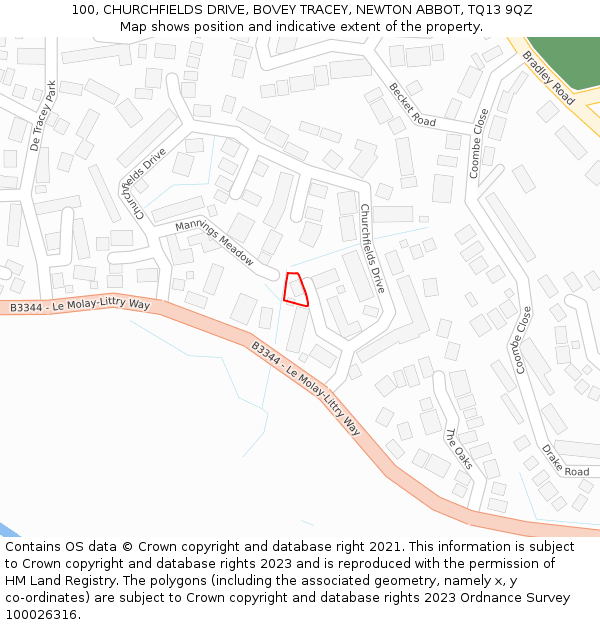 100, CHURCHFIELDS DRIVE, BOVEY TRACEY, NEWTON ABBOT, TQ13 9QZ: Location map and indicative extent of plot