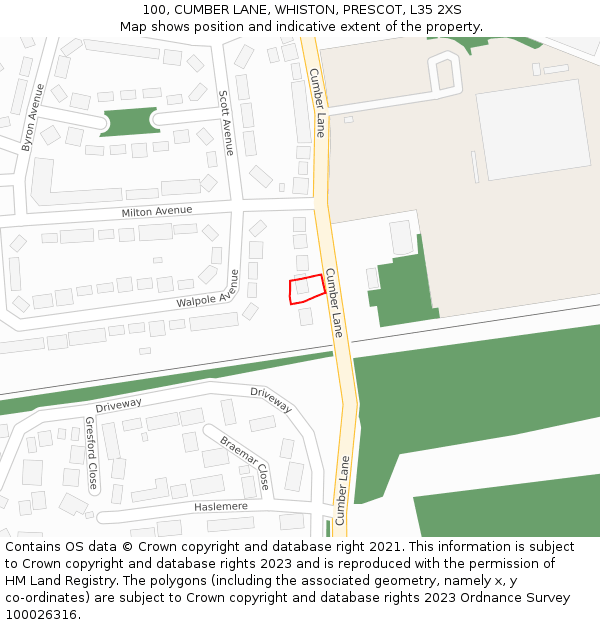 100, CUMBER LANE, WHISTON, PRESCOT, L35 2XS: Location map and indicative extent of plot