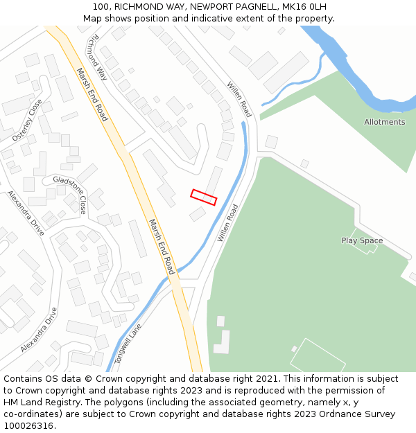 100, RICHMOND WAY, NEWPORT PAGNELL, MK16 0LH: Location map and indicative extent of plot