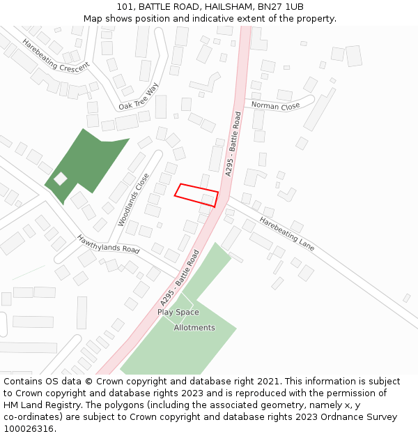 101, BATTLE ROAD, HAILSHAM, BN27 1UB: Location map and indicative extent of plot