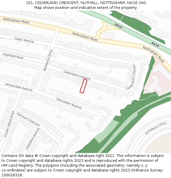 101, CEDARLAND CRESCENT, NUTHALL, NOTTINGHAM, NG16 1AG: Location map and indicative extent of plot