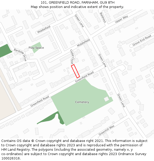 101, GREENFIELD ROAD, FARNHAM, GU9 8TH: Location map and indicative extent of plot