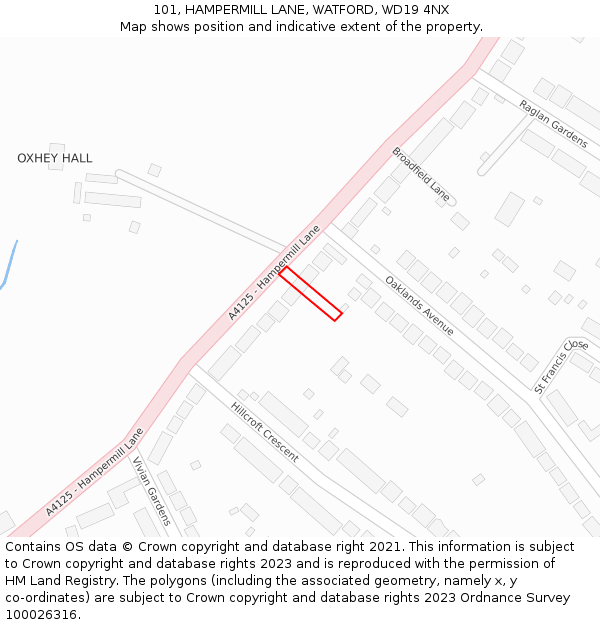 101, HAMPERMILL LANE, WATFORD, WD19 4NX: Location map and indicative extent of plot