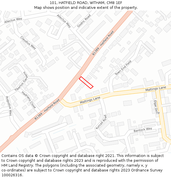 101, HATFIELD ROAD, WITHAM, CM8 1EF: Location map and indicative extent of plot