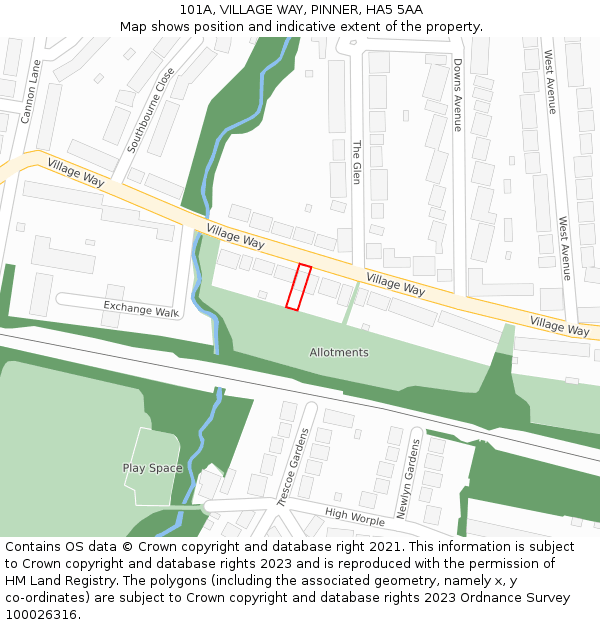 101A, VILLAGE WAY, PINNER, HA5 5AA: Location map and indicative extent of plot