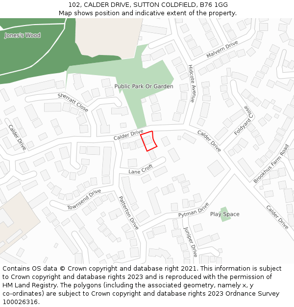 102, CALDER DRIVE, SUTTON COLDFIELD, B76 1GG: Location map and indicative extent of plot