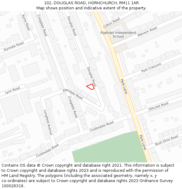 102, DOUGLAS ROAD, HORNCHURCH, RM11 1AR: Location map and indicative extent of plot