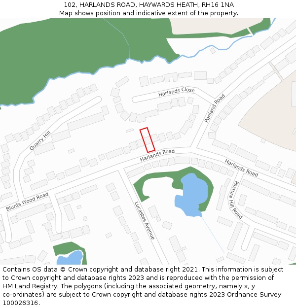 102, HARLANDS ROAD, HAYWARDS HEATH, RH16 1NA: Location map and indicative extent of plot