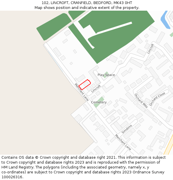 102, LINCROFT, CRANFIELD, BEDFORD, MK43 0HT: Location map and indicative extent of plot