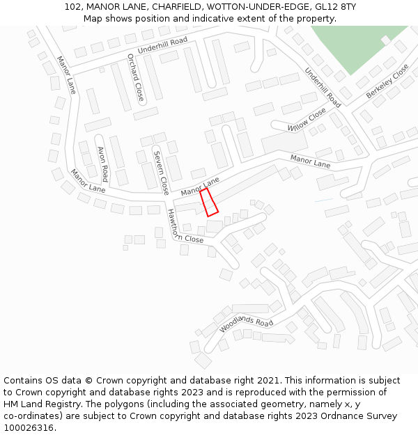 102, MANOR LANE, CHARFIELD, WOTTON-UNDER-EDGE, GL12 8TY: Location map and indicative extent of plot