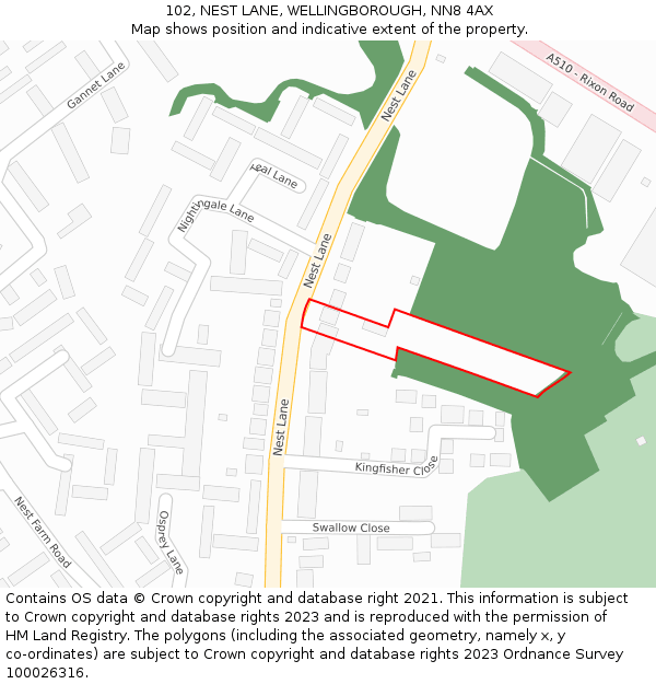 102, NEST LANE, WELLINGBOROUGH, NN8 4AX: Location map and indicative extent of plot