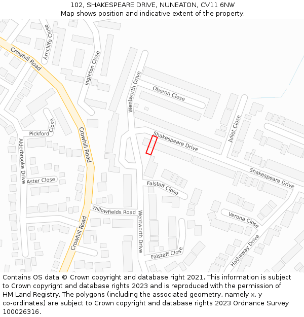 102, SHAKESPEARE DRIVE, NUNEATON, CV11 6NW: Location map and indicative extent of plot