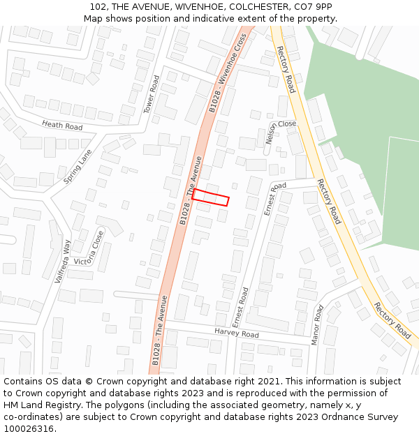 102, THE AVENUE, WIVENHOE, COLCHESTER, CO7 9PP: Location map and indicative extent of plot