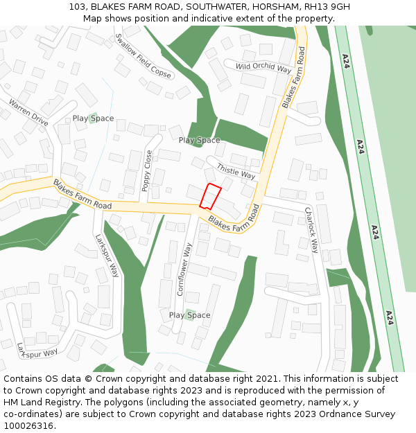 103, BLAKES FARM ROAD, SOUTHWATER, HORSHAM, RH13 9GH: Location map and indicative extent of plot