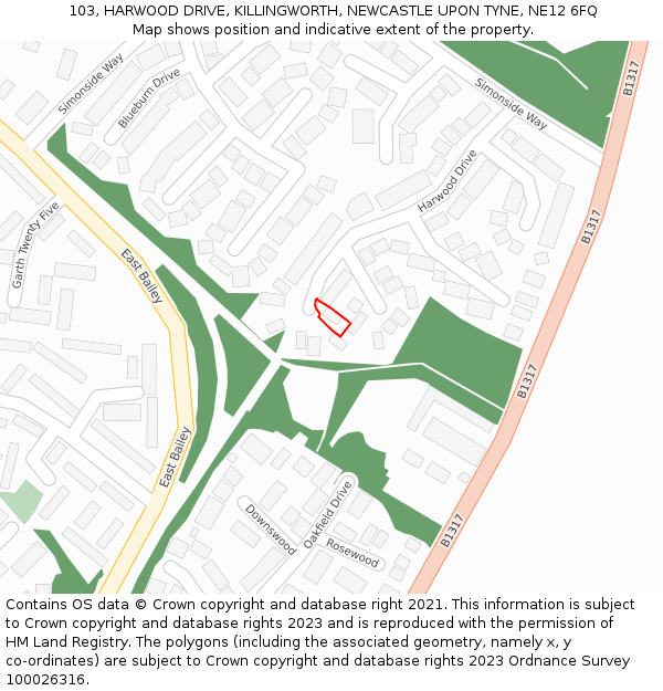 103, HARWOOD DRIVE, KILLINGWORTH, NEWCASTLE UPON TYNE, NE12 6FQ: Location map and indicative extent of plot